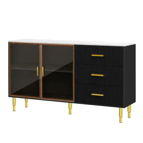 Modern Sideboard, Buffet Cabinet With Marble Sticker Top And Amber Tempered Glass Doors With Gold Metal Legs And Handles