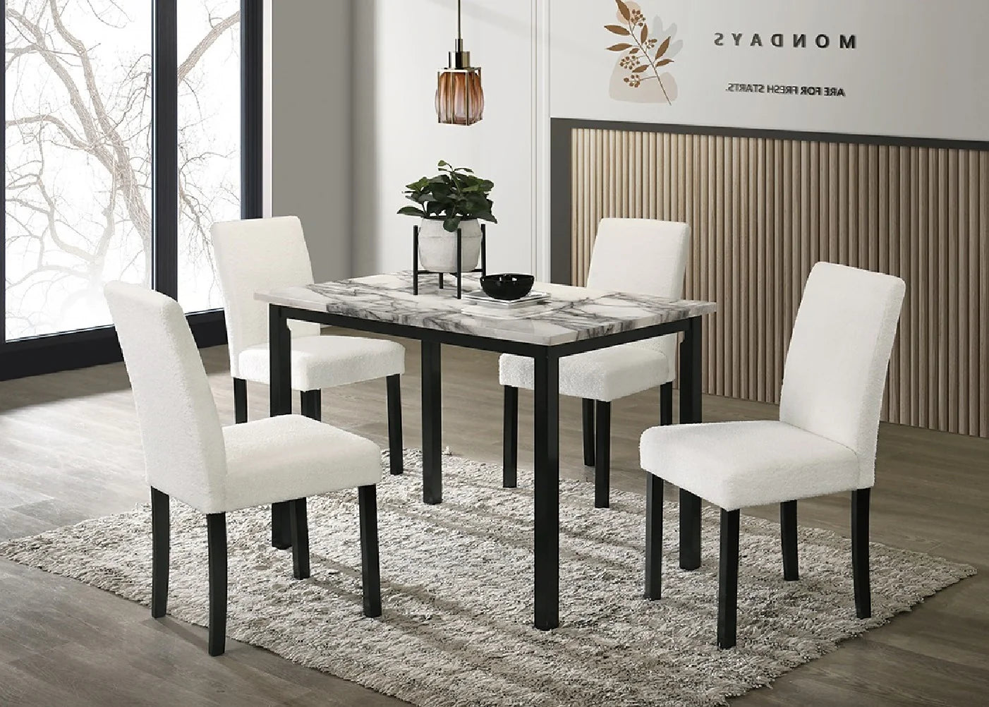 Set de Comedor con Sillas de Tela Blanca y Mesa con Acabado Tipo Mármol