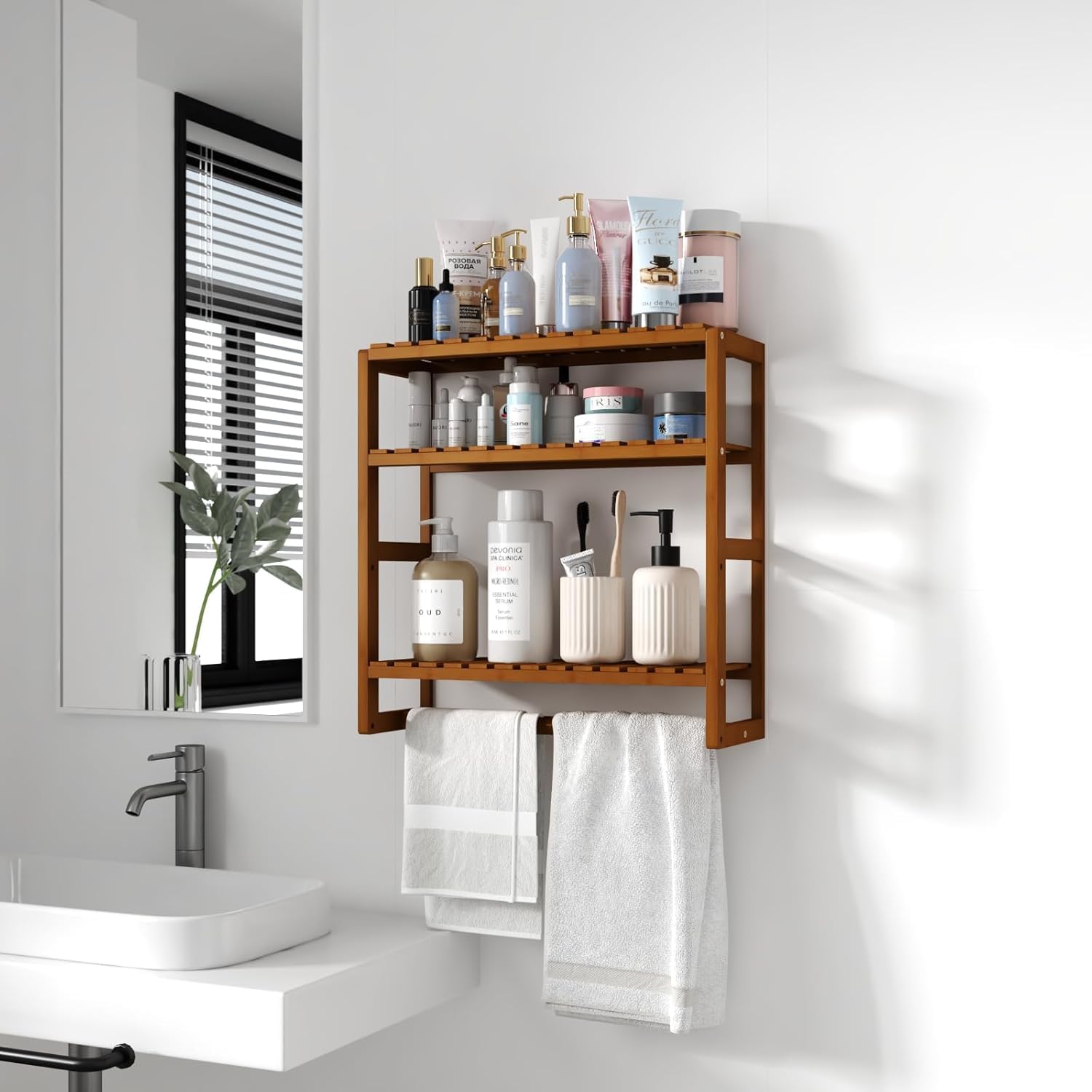 Estante de Pared de Bambú con Tres Niveles