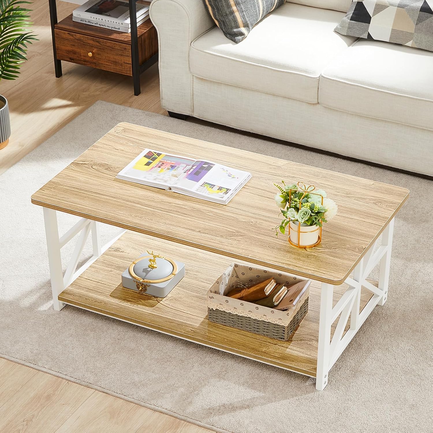 Mesa de Centro de Madera con Estantes de Almacenamiento