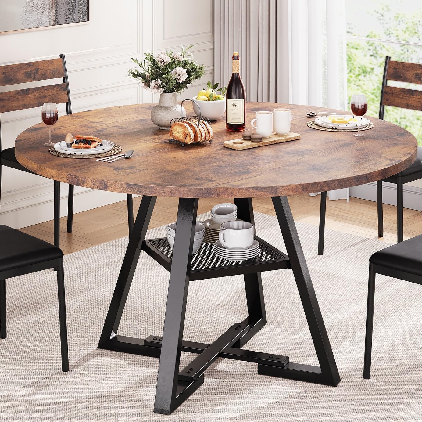 Mesa de Comedor Redonda Rústica con Pedestal