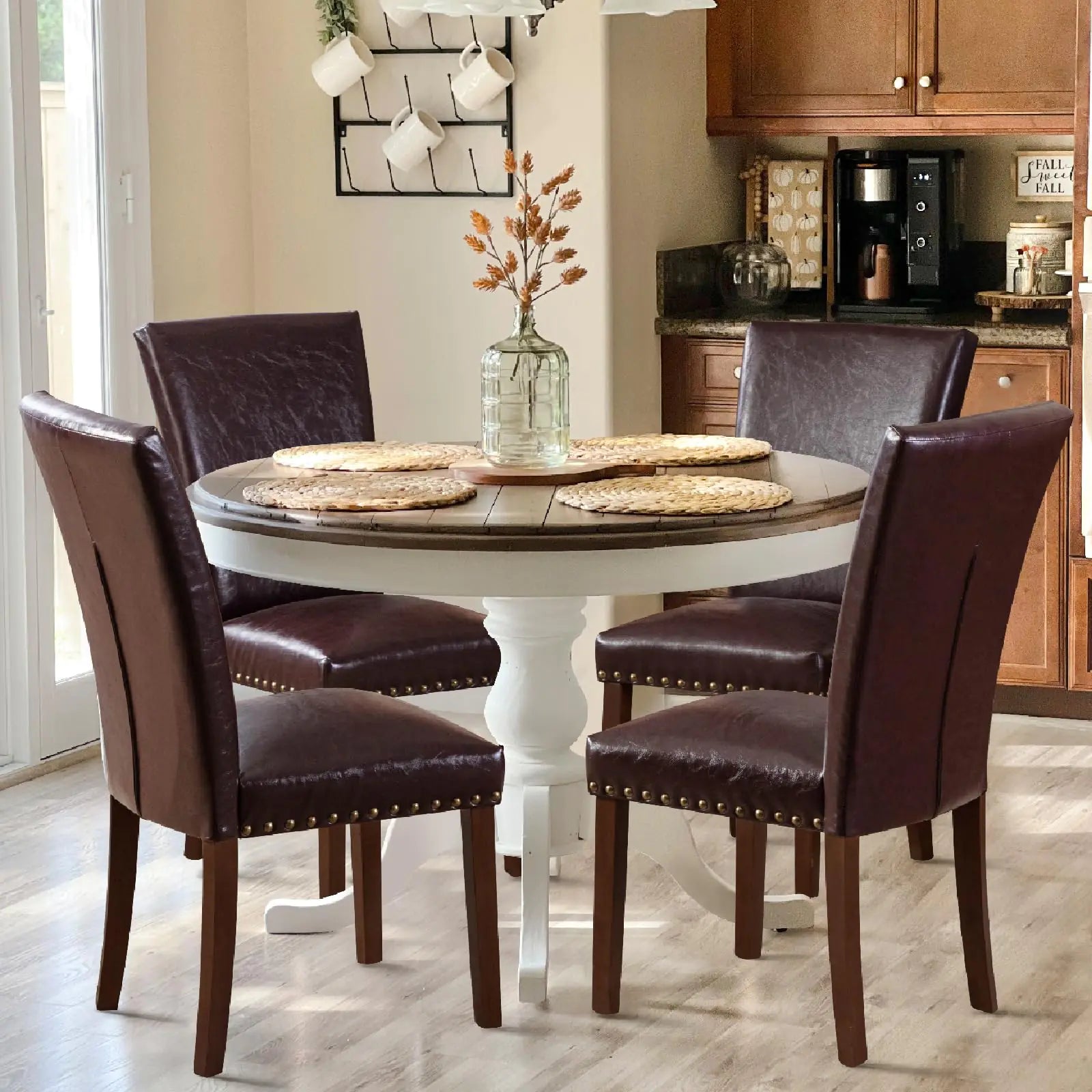 COLAMY Upholstered Parsons Dining Chairs Set of 4 PU Leather Dining Room Kitchen Side Chair with Nailhead Trim and Wood Legs - Dark Brown