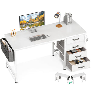 Casaottima 48-Inch Computer Desk with 4 Fabric Drawers — Home Office Desks with Storage Writing Desk with Side Hook and Cloth Bag Modern Study/Work Table for Bedroom and Small Space White