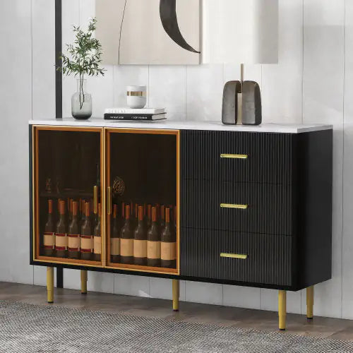 Modern Sideboard, Buffet Cabinet With Marble Sticker Top And Amber Tempered Glass Doors With Gold Metal Legs And Handles