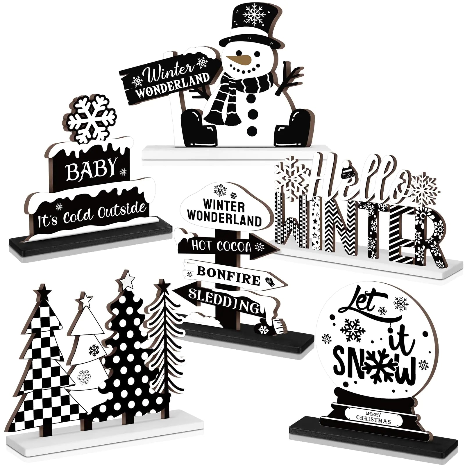 Barydat 6 Pcs Winter Wooden Signs Winter Snowman Gnome Wood Table Decor Black White Blue Winter Tabletop Block Signs Farmhouse Tiered Tray Decor for Winter party Home Decor(Farmhouse)