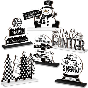 Barydat 6 Pcs Winter Wooden Signs Winter Snowman Gnome Wood Table Decor Black White Blue Winter Tabletop Block Signs Farmhouse Tiered Tray Decor for Winter party Home Decor(Farmhouse)