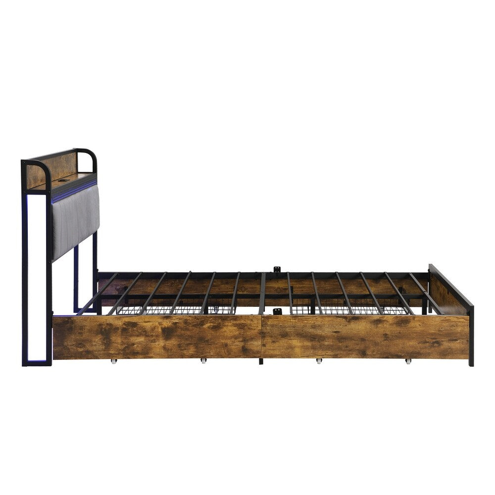 Cama con Cabecera para Almacenamiento y Estación de Carga y Luces LED