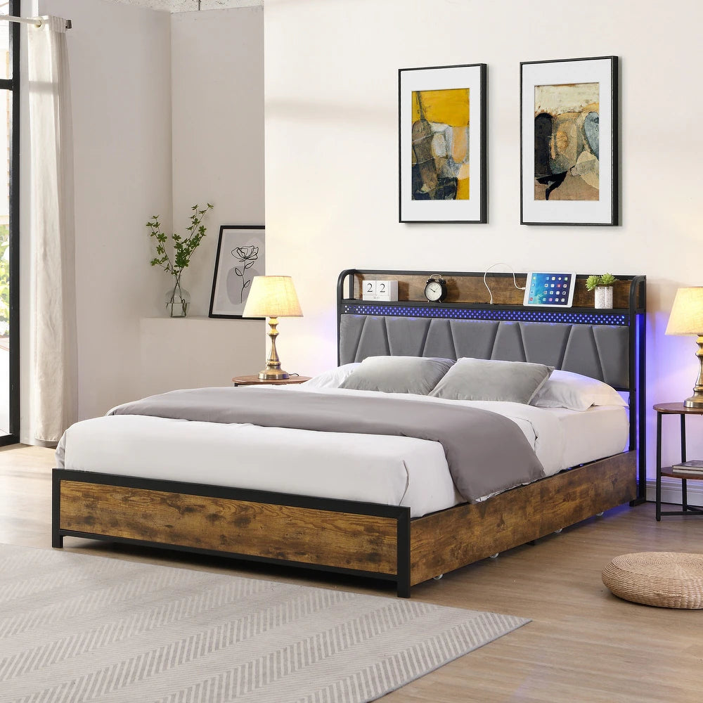 Cama con Cabecera para Almacenamiento y Estación de Carga y Luces LED