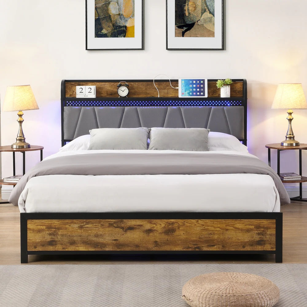 Cama con Cabecera para Almacenamiento y Estación de Carga y Luces LED