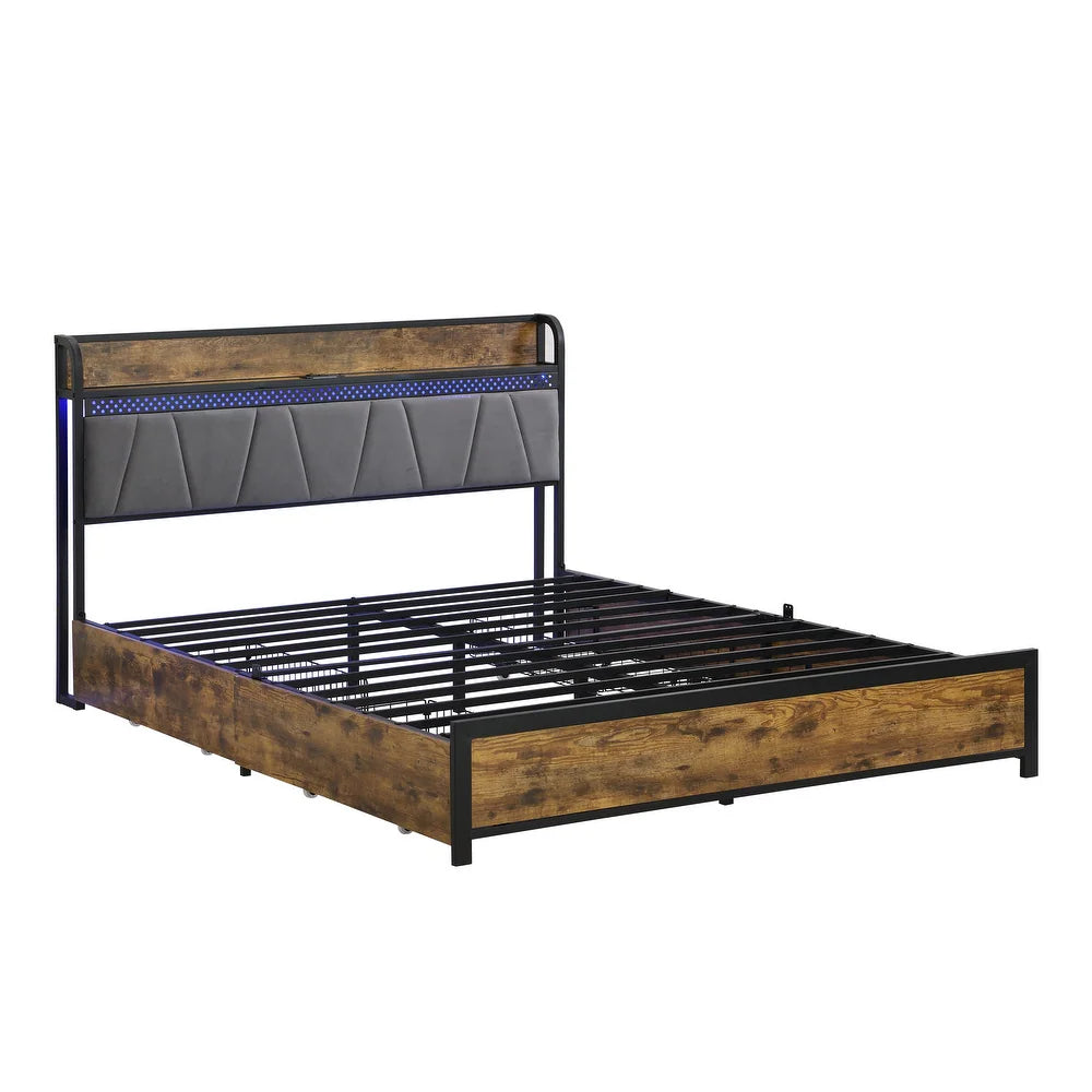 Cama con Cabecera para Almacenamiento y Estación de Carga y Luces LED