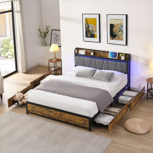 Cama con Cabecera para Almacenamiento y Estación de Carga y Luces LED