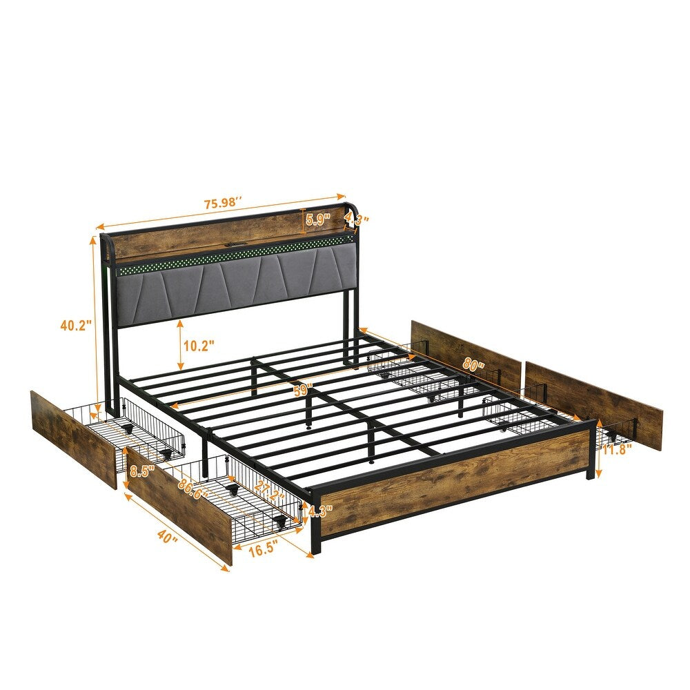 Cama con Cabecera para Almacenamiento y Estación de Carga y Luces LED