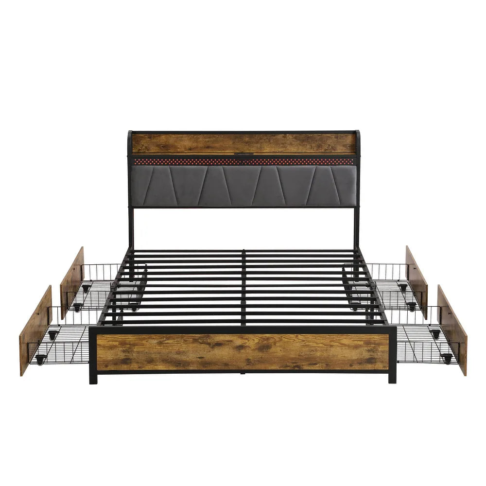 Cama con Cabecera para Almacenamiento y Estación de Carga y Luces LED