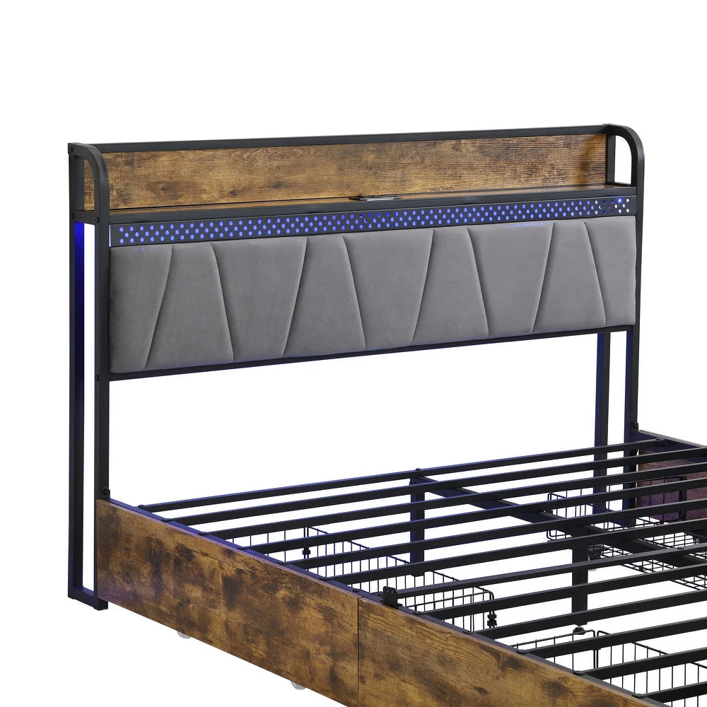 Cama con Cabecera para Almacenamiento y Estación de Carga y Luces LED