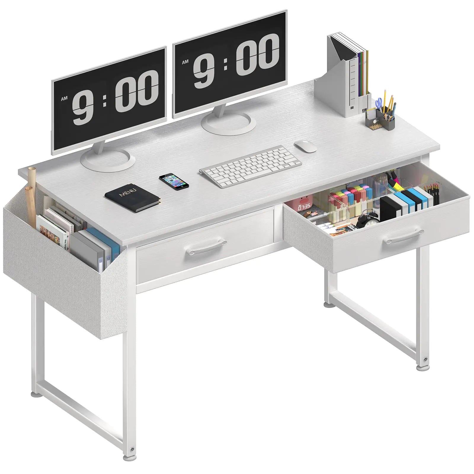 DLisiting White Computer Desk with Fabric Drawers for Home Office Bedroom 40 Inch Small Vanity Make Up Desk with Drawer Study Writing Table White