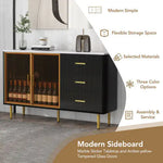 Modern Sideboard, Buffet Cabinet With Marble Sticker Top And Amber Tempered Glass Doors With Gold Metal Legs And Handles