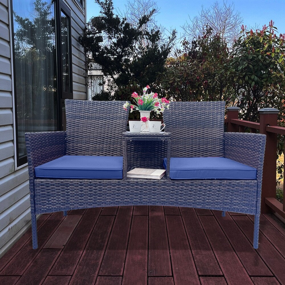 Set de 2 Sillas de Ratán con Mesa y Cojines Desmontables