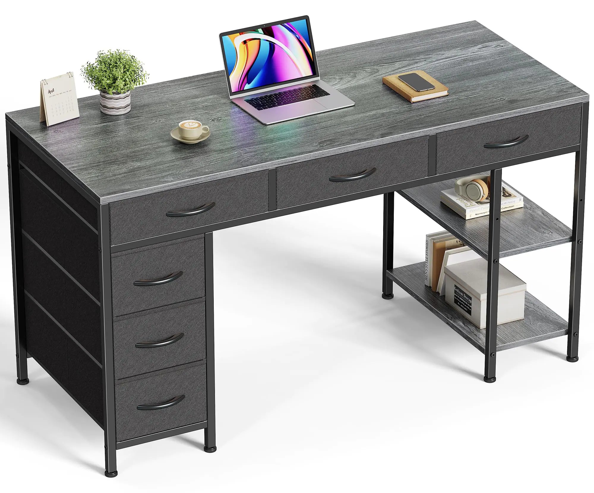 Huuger Computer Desk with 6 Drawers 47 Inch Office Desk with Shelves Reversible Gaming Desk Corner Desk with Storage Work Desk for Home Office Study Living Room Gray
