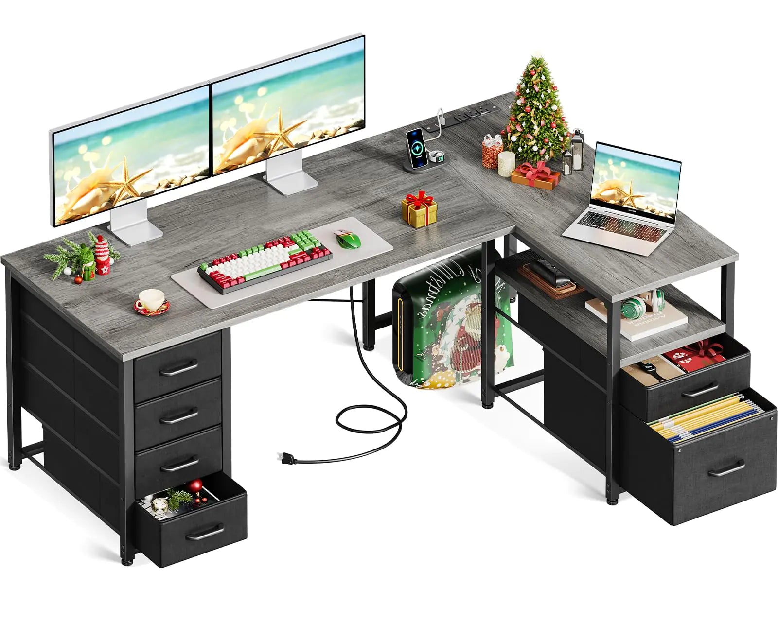 Coleshome L Shaped Computer Desk with 6 Drawers & Power Outlet 55 Inch Corner Desk with Reversible Storage Shelf & File Drawer Home Office Desk Grey Oak