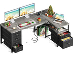 Coleshome L Shaped Computer Desk with 6 Drawers & Power Outlet 55 Inch Corner Desk with Reversible Storage Shelf & File Drawer Home Office Desk Grey Oak