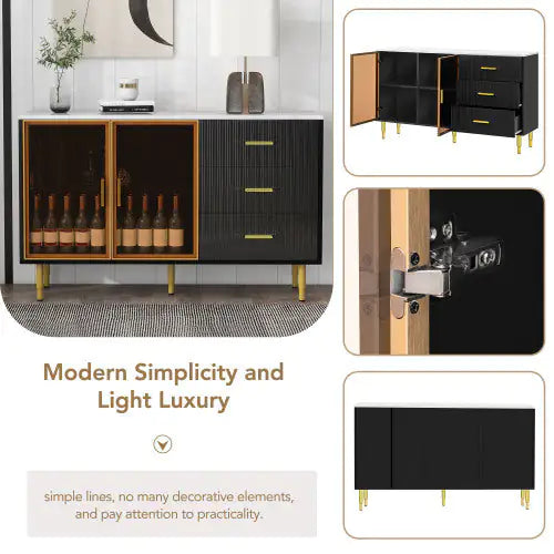 Modern Sideboard, Buffet Cabinet With Marble Sticker Top And Amber Tempered Glass Doors With Gold Metal Legs And Handles