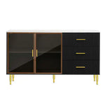 Modern Sideboard, Buffet Cabinet With Marble Sticker Top And Amber Tempered Glass Doors With Gold Metal Legs And Handles
