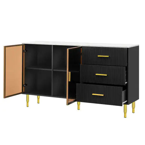 Modern Sideboard, Buffet Cabinet With Marble Sticker Top And Amber Tempered Glass Doors With Gold Metal Legs And Handles