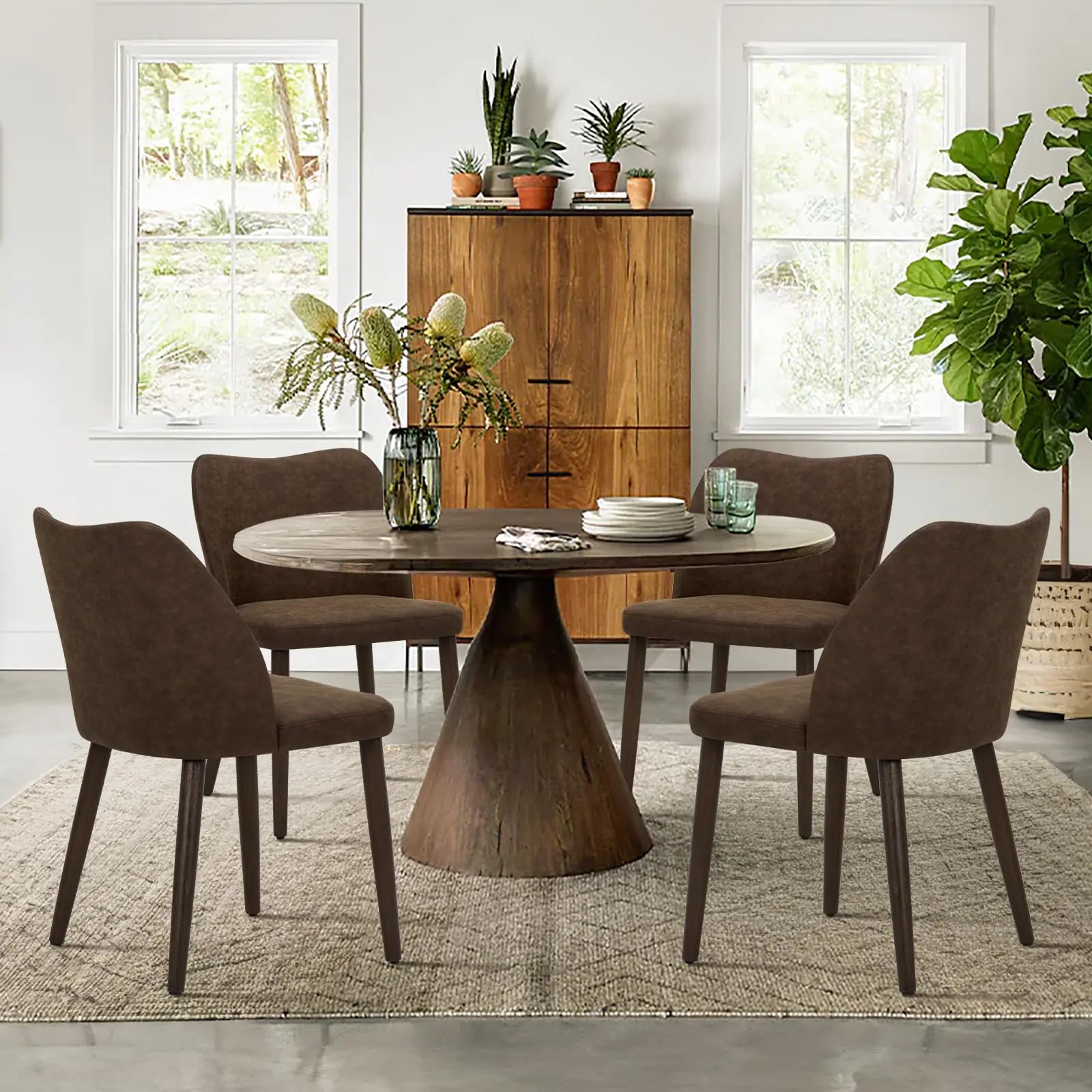 COLAMY Upholstered Dining Chairs Set of 4 Modern PU Leather Dining Room Kitchen Side Chair with Padded Seat and Wood Legs Restaurant/Cafe Dark Brown